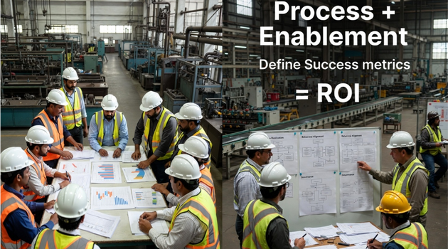 Manufacturing facility floor with digital overlay representing Industry 4.0 technology integration